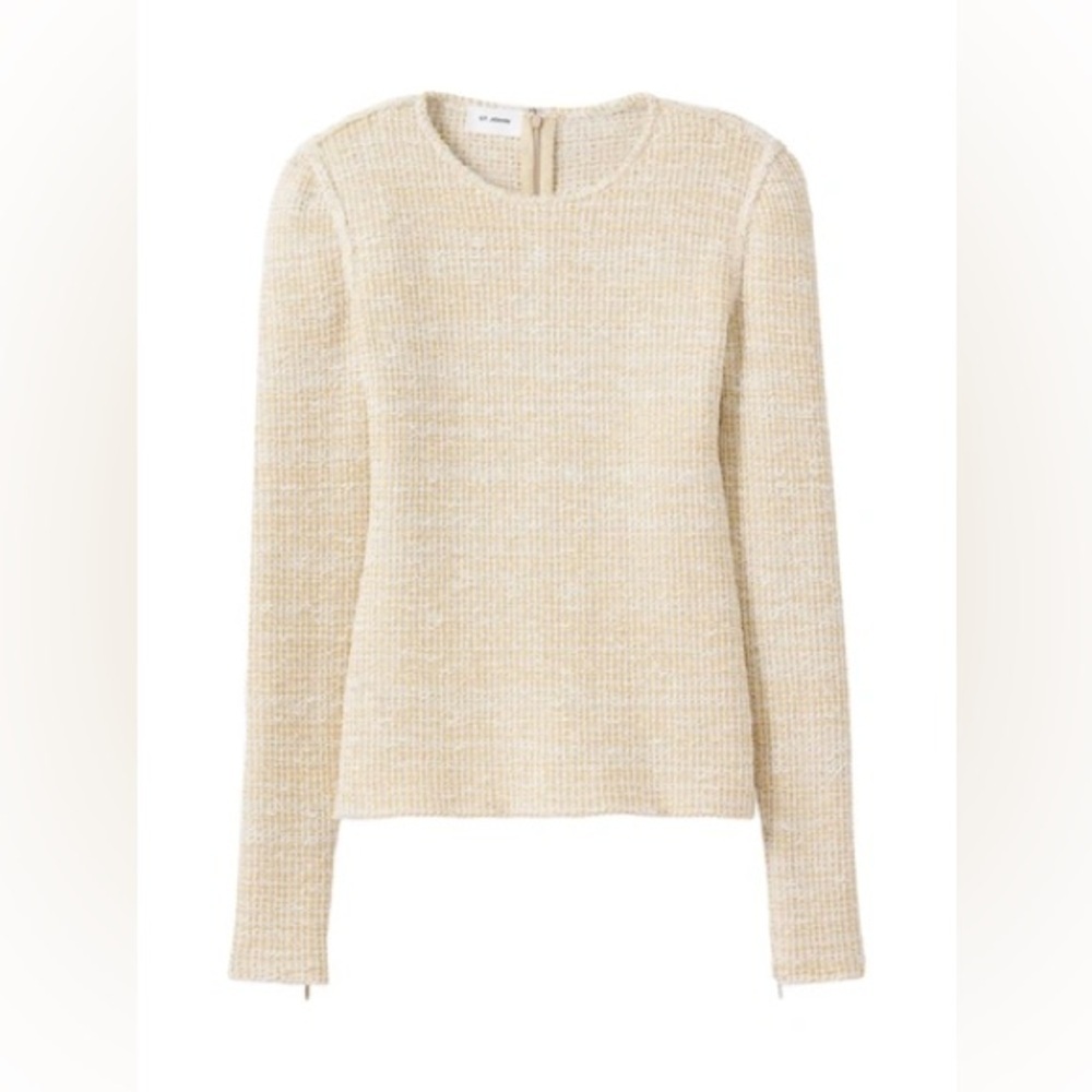 $695 Nwt St. John L Boucle Knit Long Sleeve Top Camel Brown Zipper Cuff Sleeve